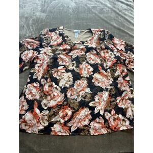 Catherines Floral Tunic‎ Shirt Size 1X Black V Neck Stretch ruffle sleeve